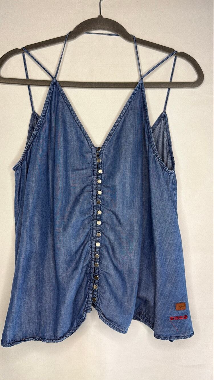 Peace Love World Womens Medium Denim Blue Tencel Cami Tank Top Button Front
